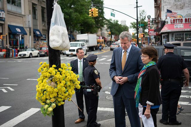 Mayor Bill de Blasio, DOT Commissioner Polly Trottenberg and other elected officials call for speed-camera expansion and announce plans for a safer redesign of 9th Street in Park Slope during a press conference in Park Slope today.